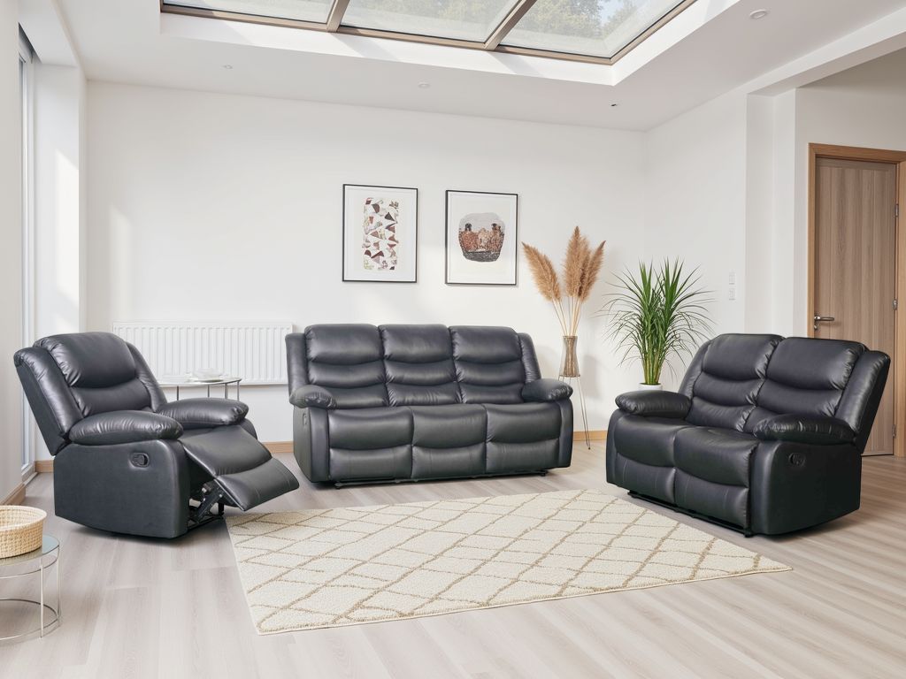 Manual Recliner Sofa Black 3 Seater